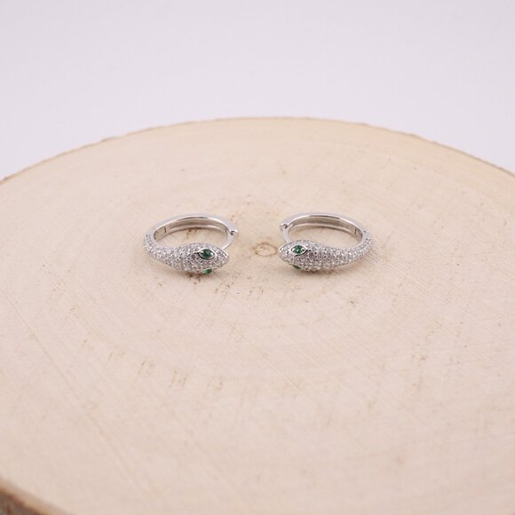 Women's Sterling Silver Snake Hoop Earrings with Green CZ Eyes Unique & Bold ** - Picture 5 of 9